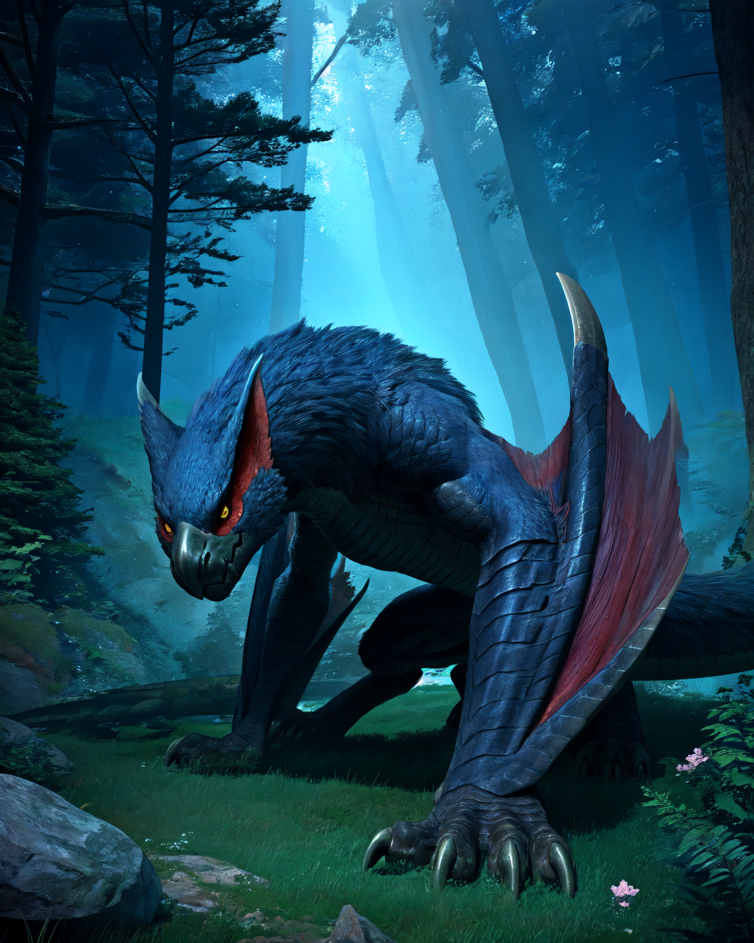 00549-3267419256-feral,nargacuga,solo,hi res,soft shading,good anatomy,cinematic lighting,detailed background,tail,yellow eyes,forest,slit pupils.png